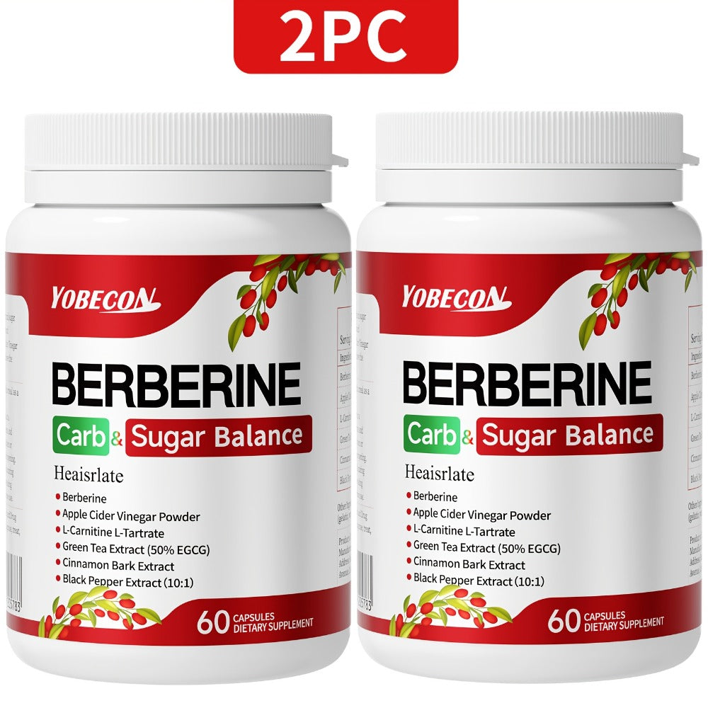 Berberine Capsules with Apple Cider Vinegar, Cinnamon And Green Tea Extract, Supports Healthy Body Shape, Blood Sugar & Digestion, 1Bottle/ 2 Bottles, Suitable for All Ages, 60 Capsules