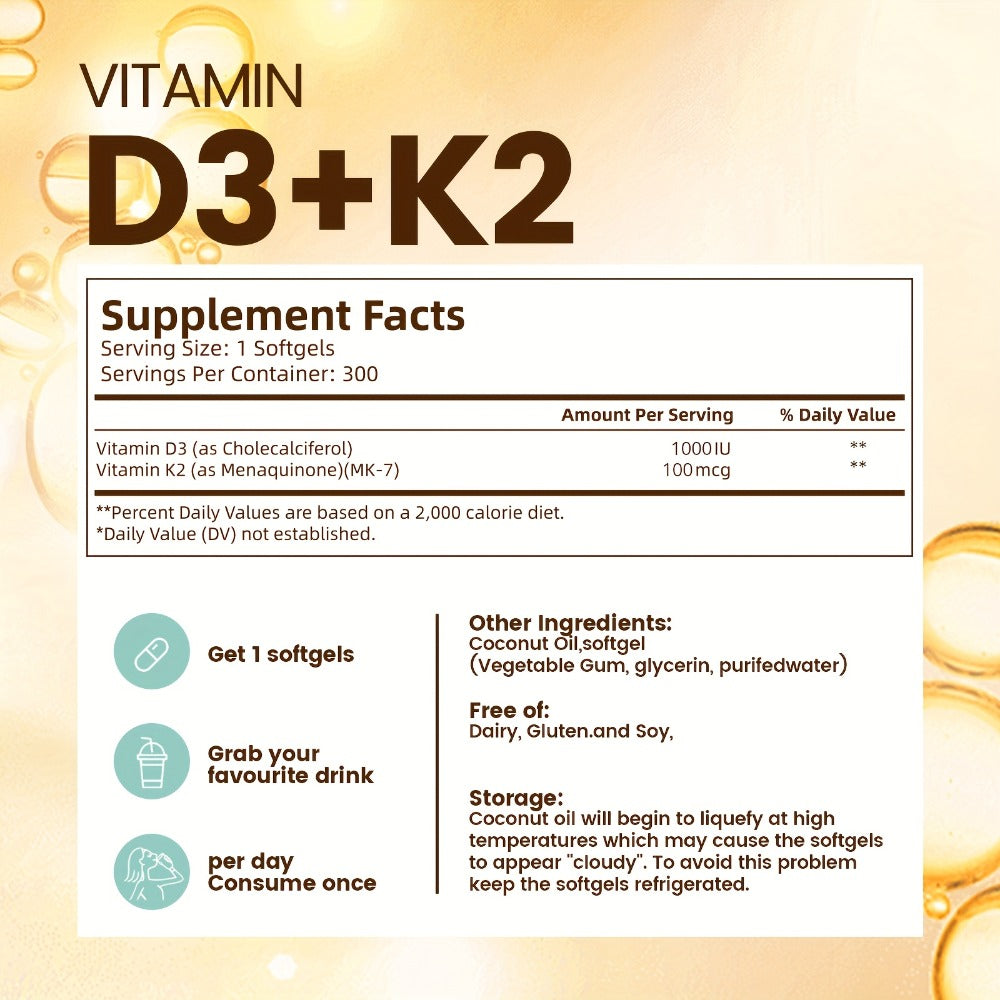 [2-In-1 Vitamin D & K] Vitamin D3 And K2 Coconut Oil Softgels, 2-In-1 Vitamin D And K, Premium Formula, Creates A Safe Environment, 300 Softgels, Easy To Swallow
