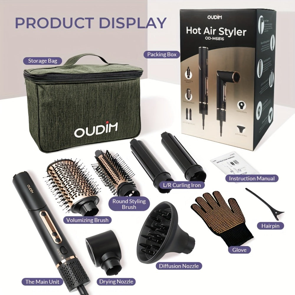 6-IN-1 Multi-Functional Hot Air Comb, Negative Ion Hair Dryer Brush And Styler, 110, 000 RPM High-speed, Frizz-free Hot Air for Rapid Drying, Air Styling Comb, Curling Iron, Straightener, Auto-winding Curling Rod, Foldable Handle, with A Storage Bag