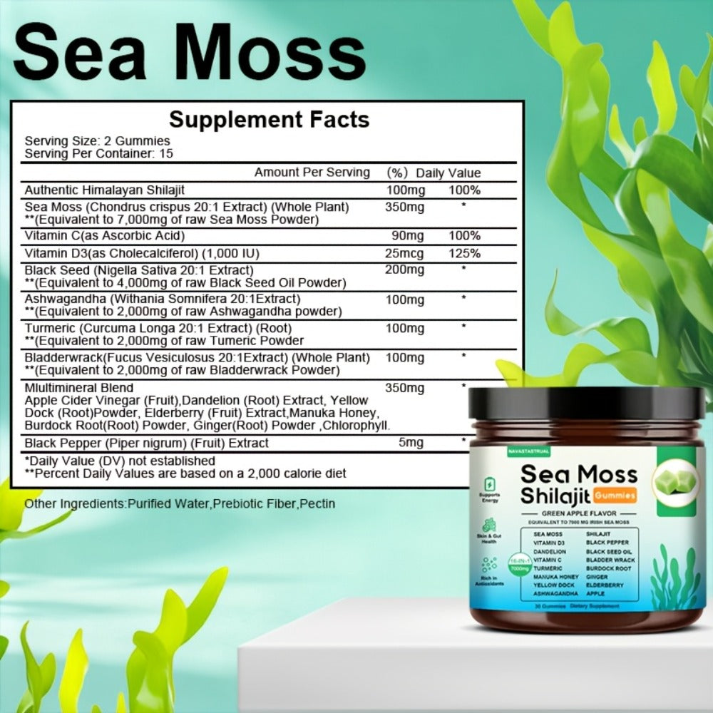 30 Gummies, 16-in-1 Sea Moss+Shilajit Gummies, Plant-Based Formula with Sea Moss, Shilajit, Turmeric, Ashwagandha & Black Seed Herbal Supplement, Immune Support, Digestive Health, Daily Wellness, Green Apple Flavor, Christmas Gift for Men And Women
