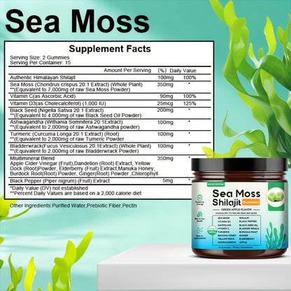 16-in-1 Sea Moss & Shilajit Gummies with Turmeric, Ashwagandha & Black Seed – Plant-Based Immune & Digestive Health Supplement | Green Apple Flavour | 30 Gummies | ShopVora UK