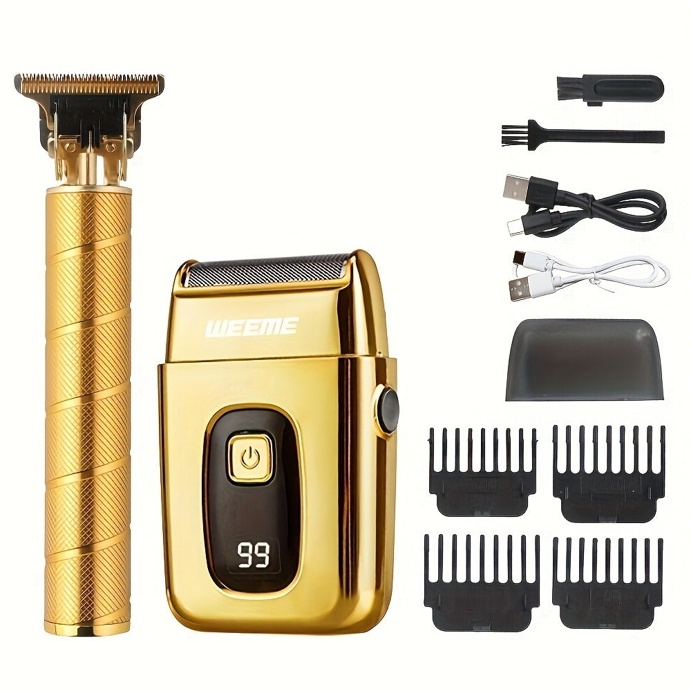 [Christmas New Year Gifts] WEEME All Golden Series 3pcs/2pcs/1pc Men's Hair Clipper Set - Hair Cutting Kit, T-Blade Trimmer, Combs, USB Cable, Cleaning Brush-Perfect Christmas And New Year Gifts