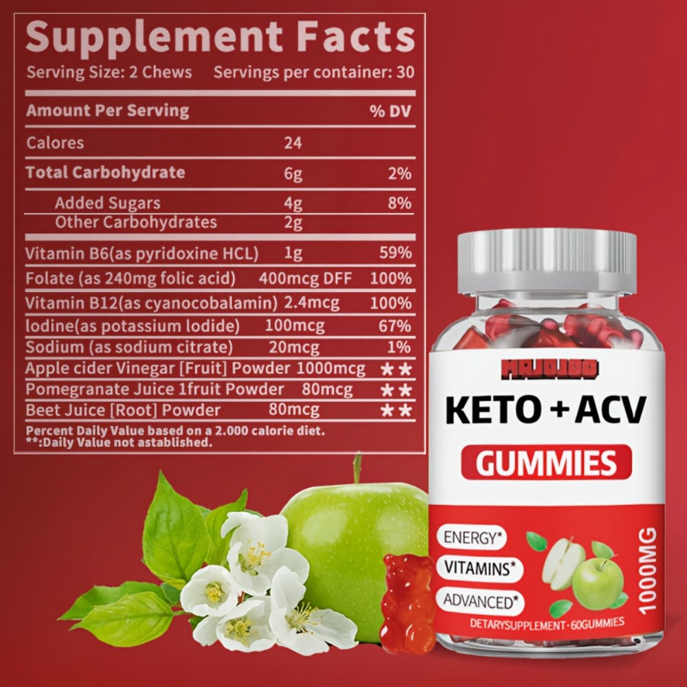 60 Vegan Keto ACV Gummies - Apple Cider Vinegar with Pomegranate Beet Juice Powder And B12, Rich In Vitamin B And C. Suitable for Men And Women, Gluten-Free