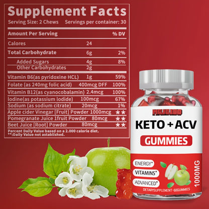 Apple Cider Vinegar Gummies with Pomegranate, Beet Juice & B12 - Vegan Keto ACV Gummies for Weight Management & Gut Health - Vitamins B & C, Gluten-Free - 60 Gummies for Men & Women