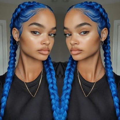 Braided Lace Front Wig 13x4 for Women — 26 Inch 250% Density Synthetic Braid Wig with Baby Hair, Rainbow Colors Blue Pink Yellow 613 Black, Heat Resistant for Party Cosplay