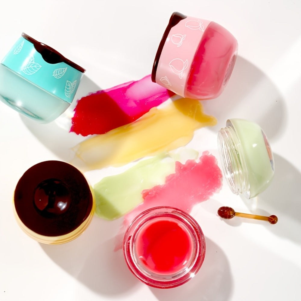 Set of 8 Lip Balms in Honey Pot, Featuring Flavors Like Honey, Strawberry, Apple, Watermelon, Cherry, Vanilla, Mint, And Aloe, Designed for Overnight Hydration And Moisturizing with Propolis