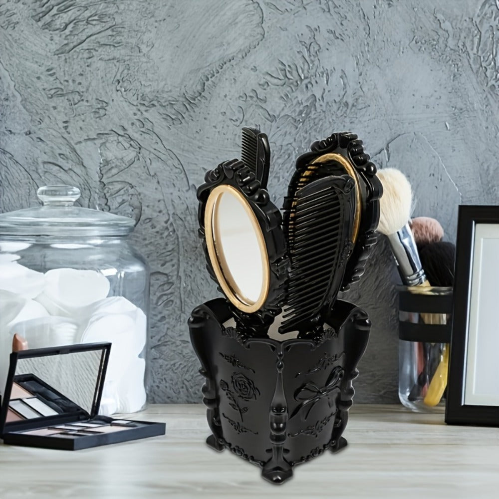 Black Mirror Comb Set, Scalp Massage Hairbrush with Mirror, Retro Hair Comb, Makeup Hair Comb