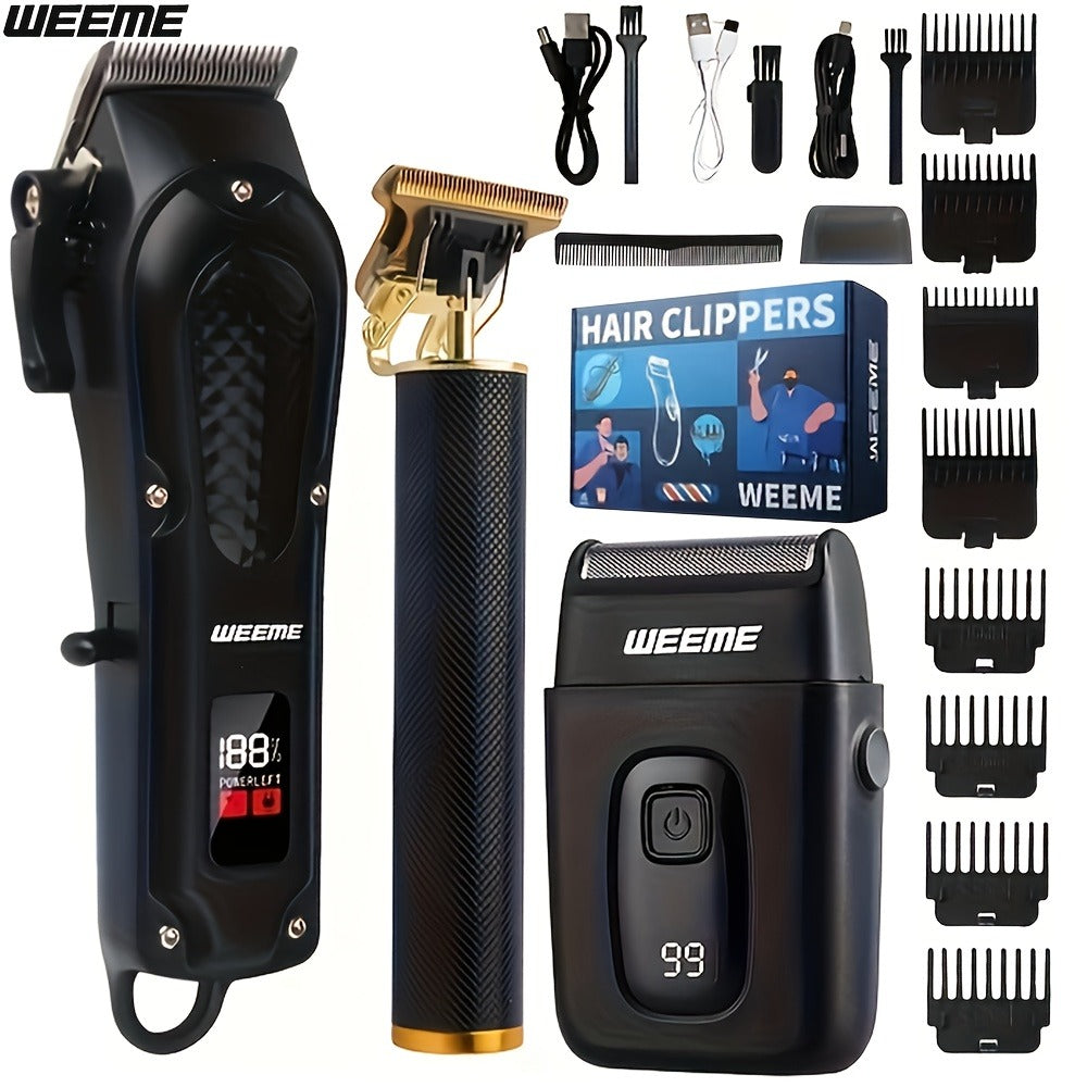 WEEME 1pc/3pcs Men'S Hair Clipper, Golden Hair Clippers LCD Display, USB Rechargeable, Guide Combs, Trimmer And Shaver, With Cleaning Brushes, Gift For Men