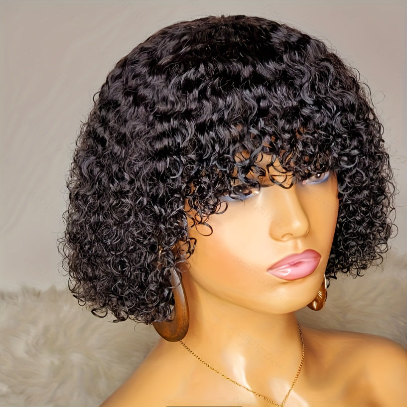 TIMOPOL Brazilian Human Hair Short Wavy Elf Wig - 10-inch Lace-Free Fully Machine-Made Rose Mesh Cap, 150% Density Unisex Wig, Suitable for All Ethnicities, Short Hair Wig