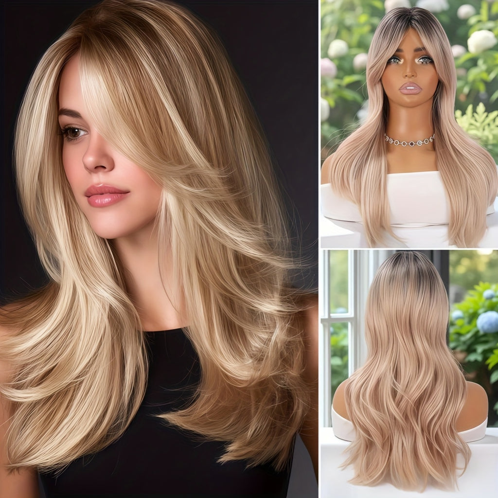 20 Inches Ladies Gradient Platinum Blonde Layered Chemical Fiber Wig, Daily Travel, Party, Easter, Music Festival And Other Various Occasions to Wear, Free Hairnet