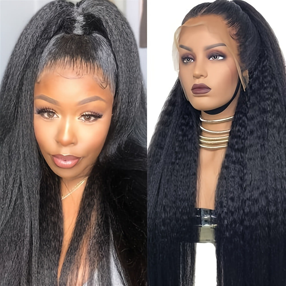 Kinky Straight Wig Lace Front Synthetic 26 Inch Black Yaki Texture HD Lace Glueless Pre Plucked Hairline Heat Resistant 160°C Adjustable Cap for Women Beginner Friendly
