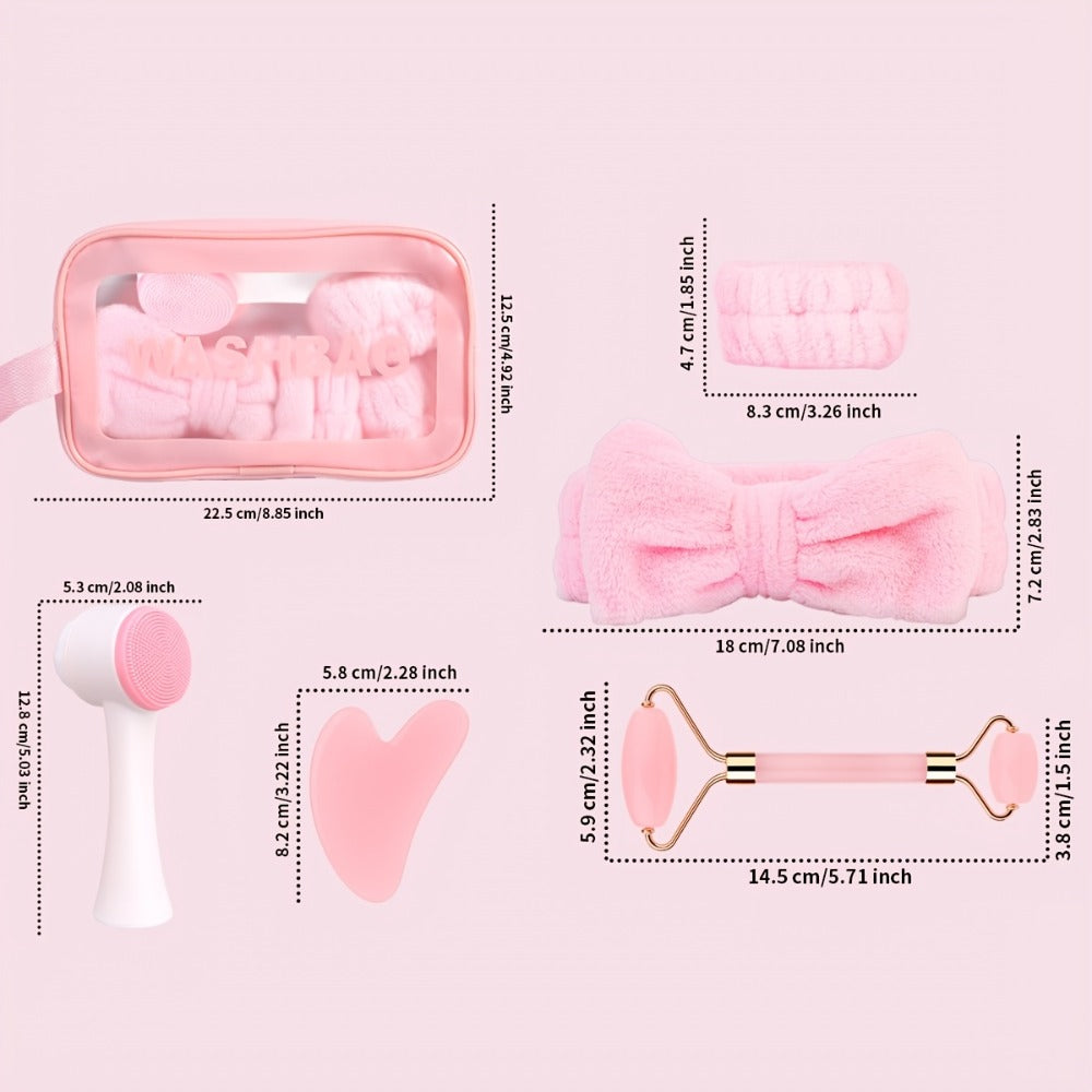 7pcs Facial Cleansing Massage Set, Includes 2 Wristbands + 1 Hair Band, 1 Double-Sided Silicone Face Brush, 1 Double-Headed Roller Massager, 1 Heart-Shaped Facial Scraping Board, 1 Pink Storage Bag, The Best Facial Cleansing And Massage Tool
