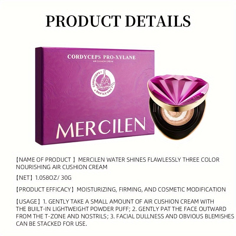 MERCILEN Aqua Flawless BB Cream - 15G*2, Tri-Color Nourishing Air Cushion Foundation with Plant Squalane, Moisturizing & for All Tones with Plant Squalane
