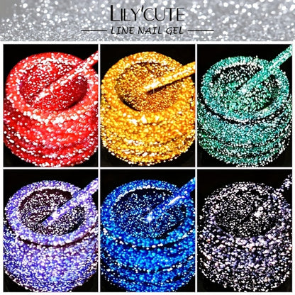 Reflective Glitter Line Gel Nail Polish 9pcs Set LED Cure Stripe Liner Nail Art Gel - Pull Line Graffiti Sparkling Manicure Kit for Salon & DIY 5ml Each