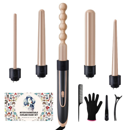 Curling Wand Set 5-in-1 — Ceramic Interchangeable Barrels 0.4”–1.25”, 30s Fast Heat, Dual Voltage Hair Curler Iron for Women, Long & Short Hair Styling with Heat-Resistant Glove