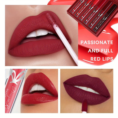 Lip Glaze Set 6 Pcs Red - Long-Lasting Non-Transfer Squalane Formula, Moisturizing Lip Tint for Beginners & Beauty Lovers, Vibrant Red Lip Color Gift Set