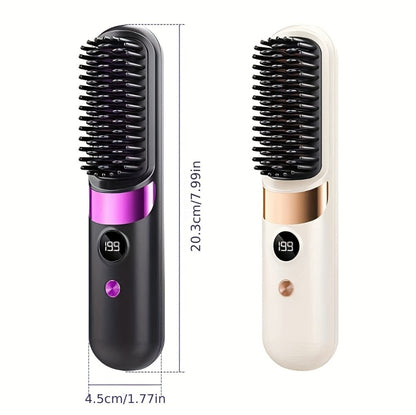 Cordless Hair Straightening Brush Portable Heated Straightener Comb USB Rechargeable Mini Travel Hair Straightener with Heat Protection for Women Men Beard Daily Use Gift