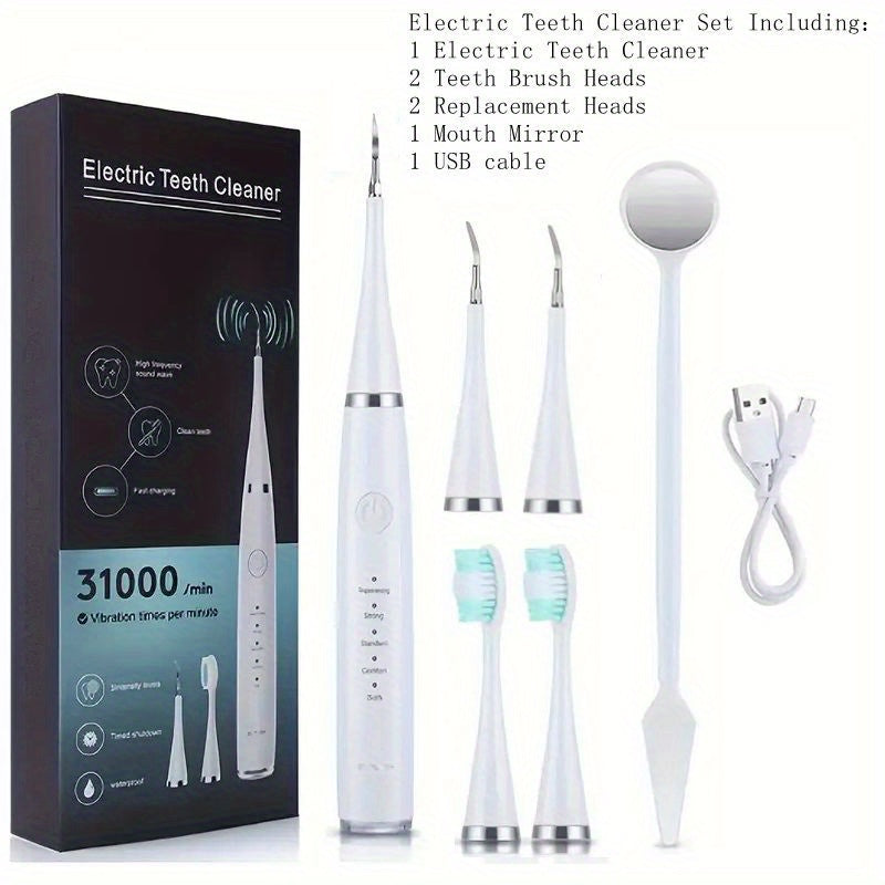 Electric Teeth Cleaner Kit USB Rechargeable 5 Cleaning Modes Dental Scaler Plaque Tartar Remover Gum Health Tool Holiday Gift Set for Family Friends Adults Black White Green