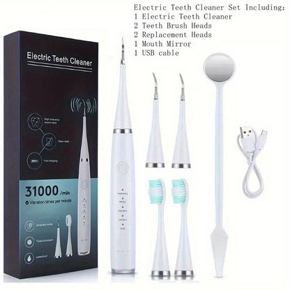 Electric Teeth Cleaner Kit USB Rechargeable 5 Cleaning Modes Dental Scaler Plaque Tartar Remover Gum Health Tool Holiday Gift Set for Family Friends Adults Black White Green