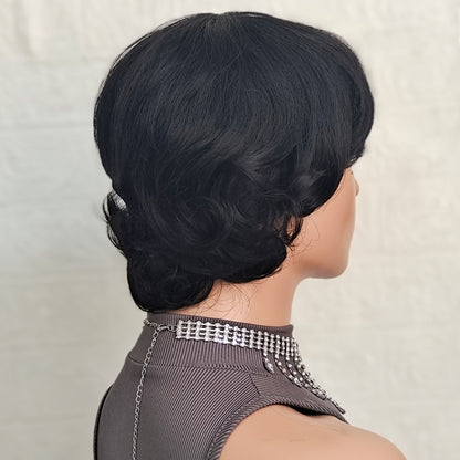 Pixie Cut Wig Human Hair with Bangs — Glueless Short Brazilian Layered Machine Made Throw-On-and-Go Hairpiece, Natural Black & Brown Colors for Women Daily Wear