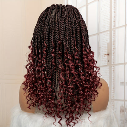 Goddess Braided Wig Knotless Bohemian Square Braid Full Lace Curly Wave Synthetic Wig Women 14-16 Inch Black Burgundy Brown Natural Hairline Protective Style