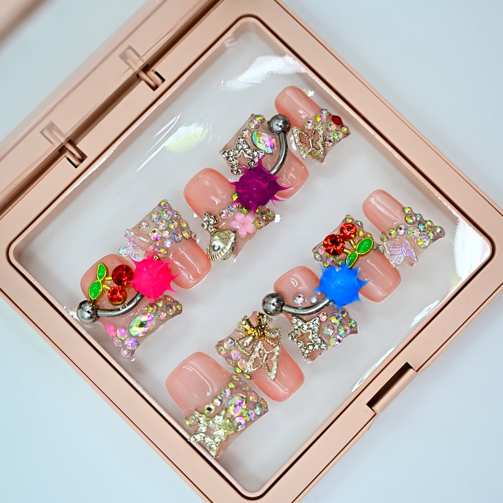 Y2K Piercing Charm Press on Nails Handmade Duck Nail with Nightmare Eye And Barbell 3D Nail Charms, Rhinestone Nails For, Trendy Party Nail Art