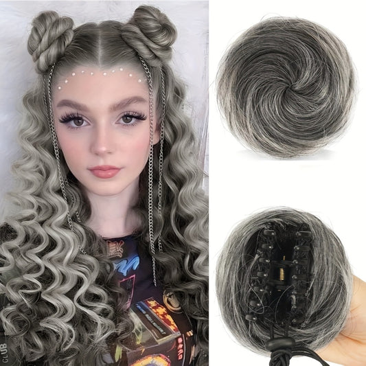 2pcs FESHFEN Clip-In Mini Donut Wig Hair Pieces with Messy Bun & Cat Ears - Synthetic Fiber Updo Extensions for Women & Girls, Instant Volume for Ponytails, Braids, Prom, Weddings, - Look -Ons