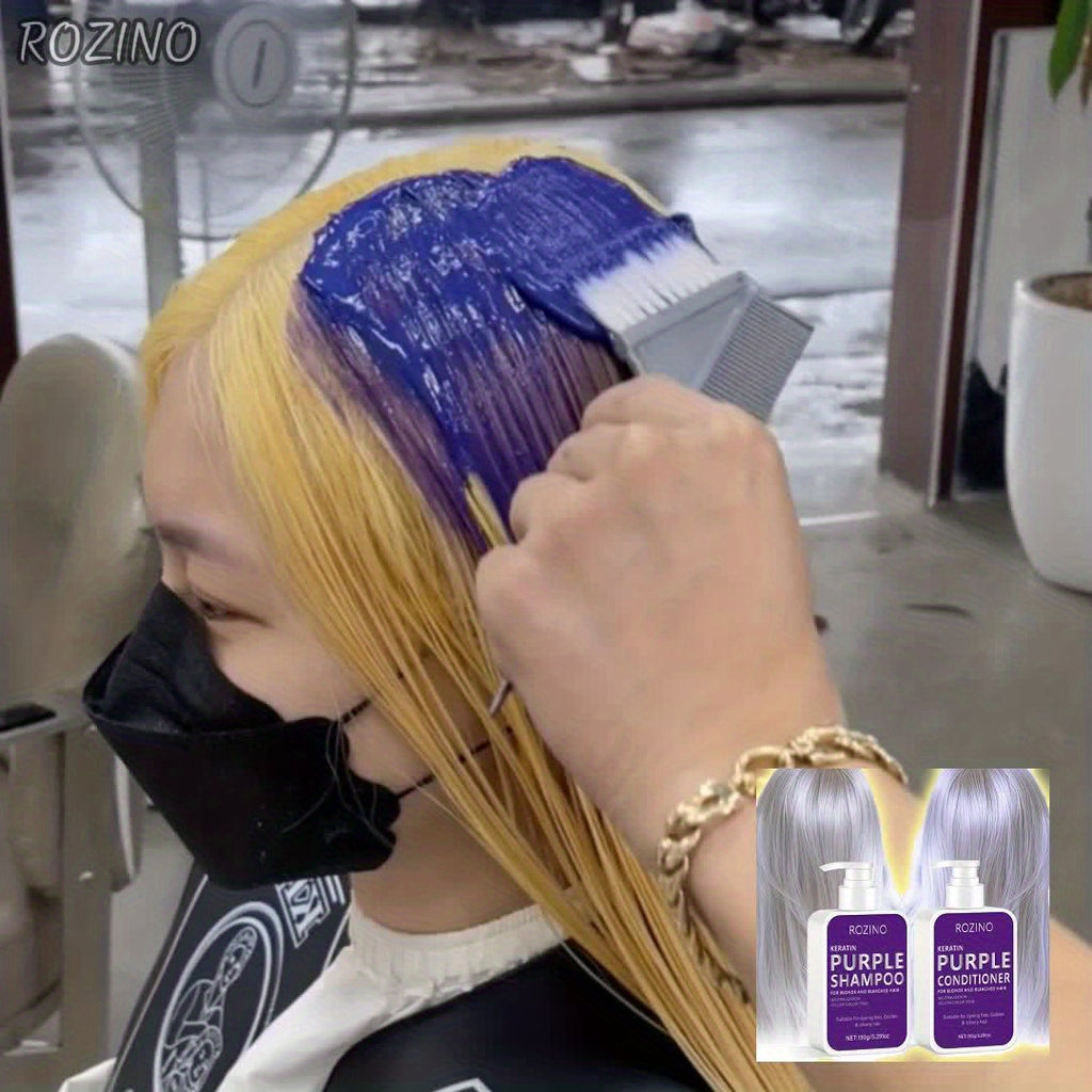 2pcs Purple Shampoo And Conditioner Set - Neutralizes Yellow And Brass Tones, Improves Shine And Flexibility, Strengthens Roots, Conditions Broken Hair, Suitable for Blonde, Silvery, Platinum, White Or Light Hair Dyes, And Makes Hair Look Healthier