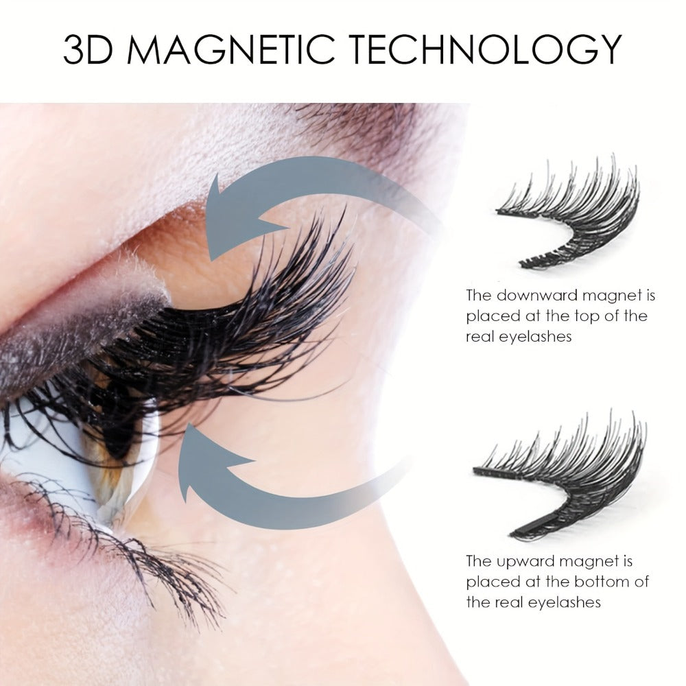 8pcs Natural Glue-3D False Eyelashes(One Box)- Reusable Double Magnetic False Eyelashes Set with Clips, Reusable, Waterproof, Glue, Easy to Wear, Women