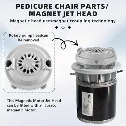 Pedicure Spa Chair Jet Head Motor Replacement — Magnetic Pipeless Rotating Jet with Propeller & Cap, 4-Pin, Compatible with Luraco, Easy Clean, Durable Plastic, Grey