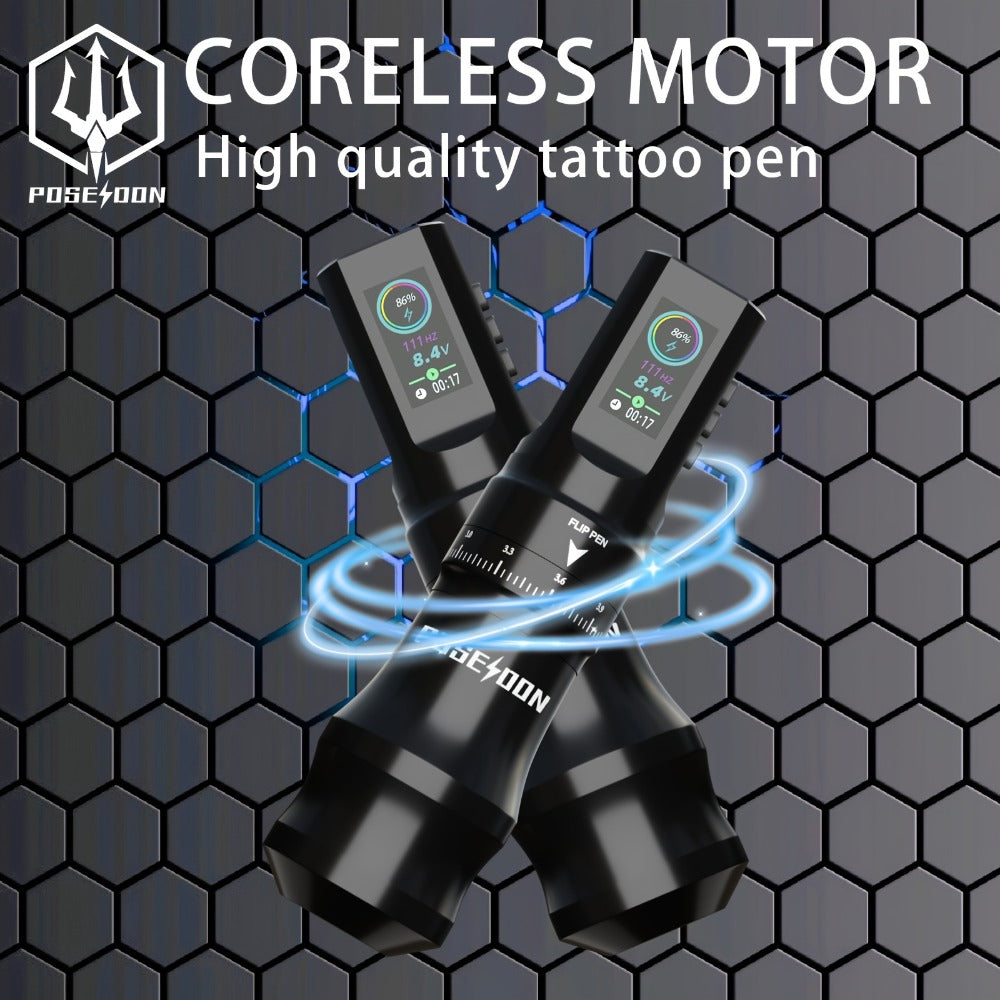 POSEIDON Tattoo Pen Kit, Wireless Rotary Tattoo Gun Kit, LED Color Screen Tattoo Machine Kit with 20pcs Tattoo Cartridge Needles, 11 Tattoo Inks for Beginners