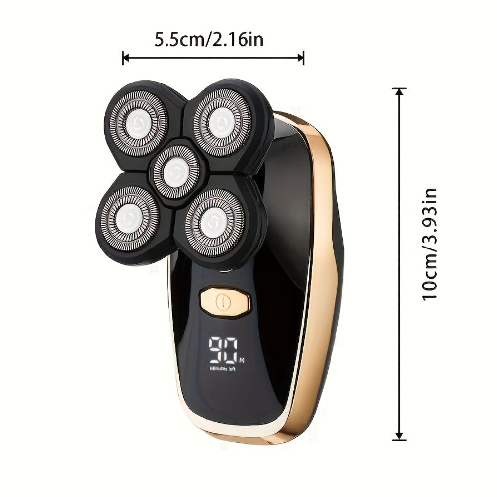 5-in-1 Premium Electric Shaver Kit for Men - Wet/Dry Rotary Shaver with Digital Display/ No Display Function for Bald Head, Beard, Nose, Ear, Body Grooming with Rechargeable Cordless Design, Face Cleaning Brush, And Travel Bag - Ideal Gifts for Him