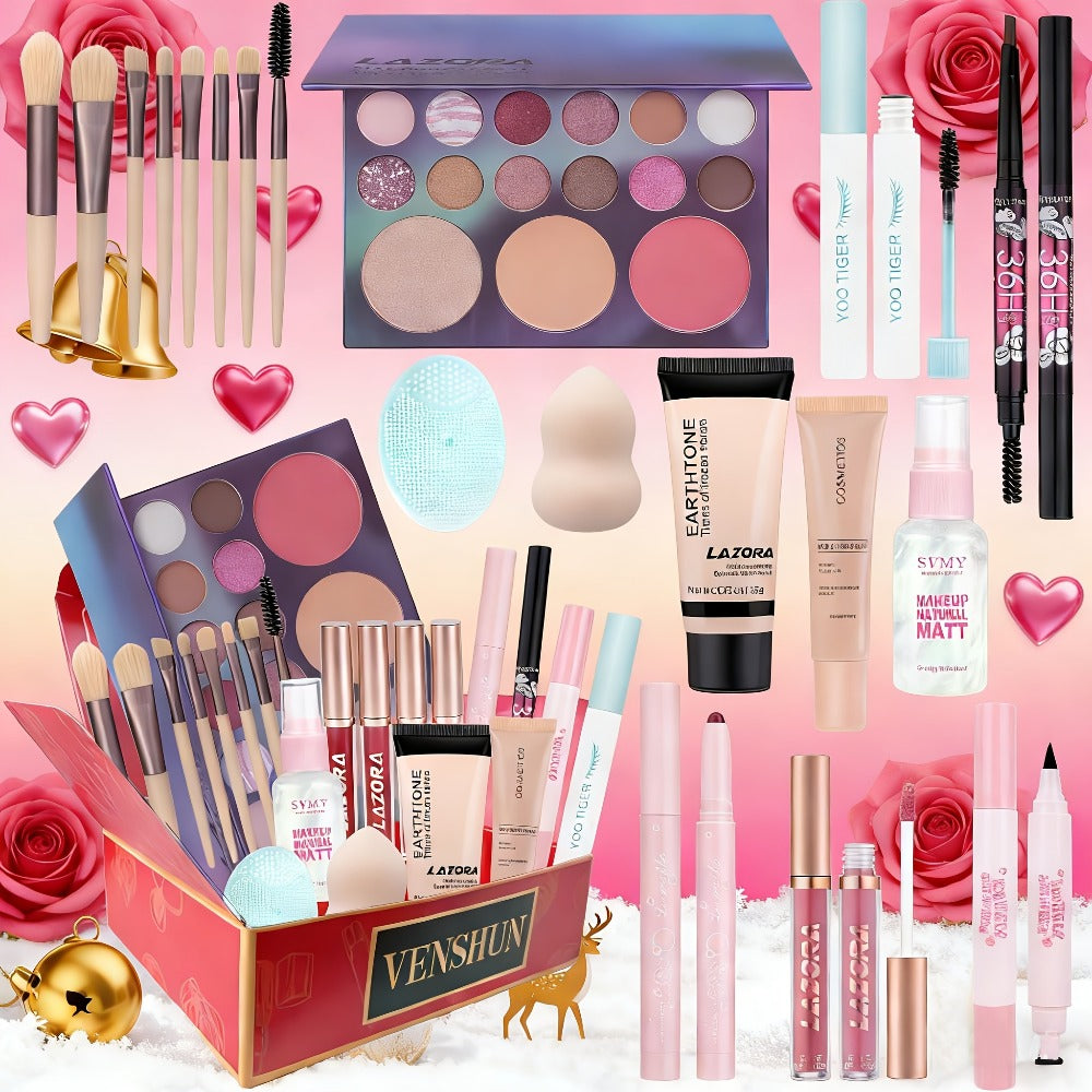 18-Color Eyeshadow Makeup Gift Set for Women - Foundation + Eyeshadow Palette + Coral Lipstick + Eyebrow Pencil, Full Face Starter Kit, Holiday & Birthday Gift for Girls & Teens