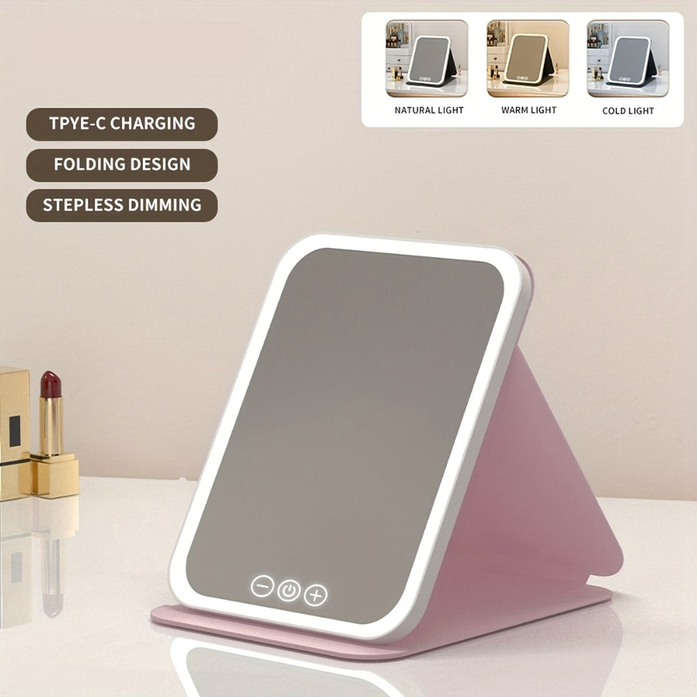 LED Makeup Mirror Folding with Touch Screen - USB Rechargeable Portable Vanity Mirror, Tri-Color Dimmable Lighting, Travel Desk Tabletop Use, Square or Round, Pink or White