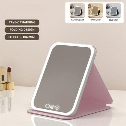 LED Makeup Mirror Folding with Touch Screen - USB Rechargeable Portable Vanity Mirror, Tri-Color Dimmable Lighting, Travel Desk Tabletop Use, Square or Round, Pink or White