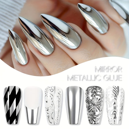 Mirror Metallic Nail Art Gel XEIJAYI - Electroplating Bottle with High-Density Edge Painting, Floral Color Painting & Platinum Shiny Silver Finish, Strong Durable Salon Nail Art Polish