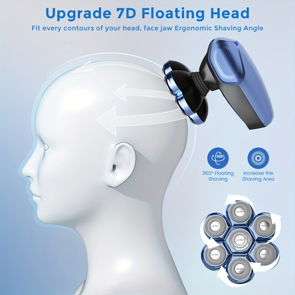 Head Shaver for Bald Men 7D Waterproof Wet Dry Electric Razor 5-in-1 Grooming Kit Type-C Rechargeable 6500-7500RPM Rotary Shaver with Nose Hair Trimmer