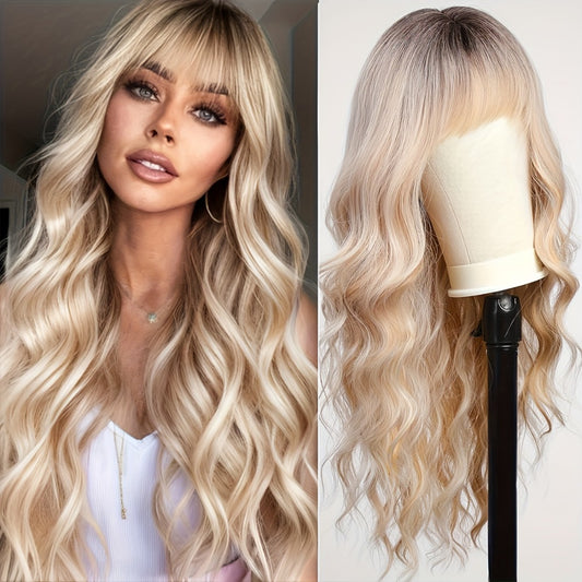 Long Curly Wavy Wig with Bangs Synthetic Wig Beginners Friendly Heat Resistant Elegant for Daily Use Wigs for Women