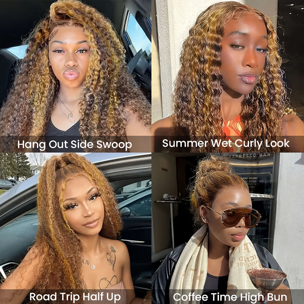 Honey Blonde Ombre Wig P4/27 Highlight Long Deep Wave Wig Long Curly Wavy Wig 200% Density Pre Plucked Glueless Wig HD Lace Ready To Wear Wigs Heat Resistant Fiber Wig For Fashion Women Girls Party Vacation Daily Used 28inch