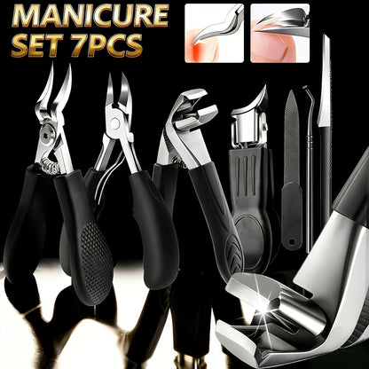 Toenail Clipper Set 7 Piece — Professional Nail Care Kit for Ingrown & Thick Toenails, Angled Head Curved Blade Clippers, Nail File, Cuticle Nipper & Dead Skin Tool | Men Women Elderly