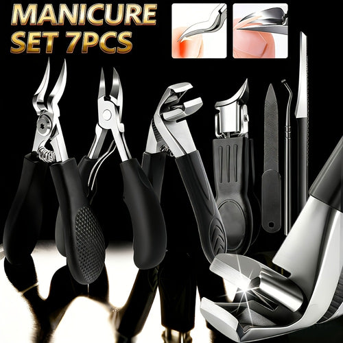 Toenail Clipper Set 7 Piece — Professional Nail Care Kit for Ingrown & Thick Toenails, Angled Head Curved Blade Clippers, Nail File, Cuticle Nipper & Dead Skin Tool | Men Women Elderly