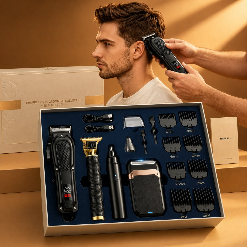 [USB Rechargeable] Professional Men's Grooming Kit, Rechargeable Hair Clipper And Beard Trimmer Set with Guide Combs, Nose Trimmer, Electric Shaver, USB Charging Cable, Haircut And Styling Tool for Men