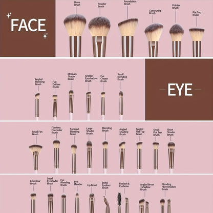 Professional Makeup Brush Set 30PCS Hypoallergenic Nylon Bristles - Alloy Handle Blush Foundation Eyeshadow Contour Brow Lip Brushes with Storage Pouch - Travel-Friendly for Beginners & Pros