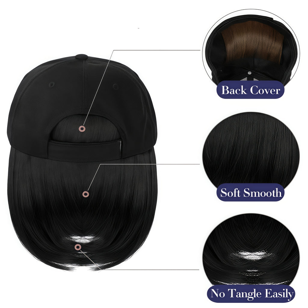 Women'S Short Bob Wig Baseball Cap - Synthetic Straight Hair Extensions Hat with Attached Hair, Adjustable Black Baseball Cap Wig, Heat Resistant Glueless Daily Wear Wig