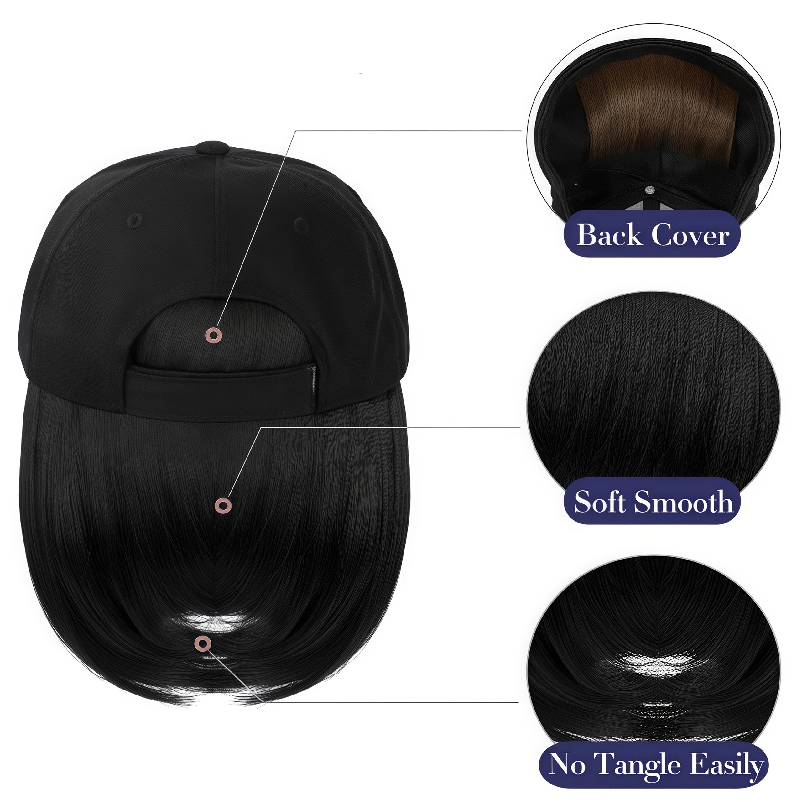 Women'S Short Bob Wig Baseball Cap - Synthetic Straight Hair Extensions Hat with Attached Hair, Adjustable Black Baseball Cap Wig, Heat Resistant Glueless Daily Wear Wig