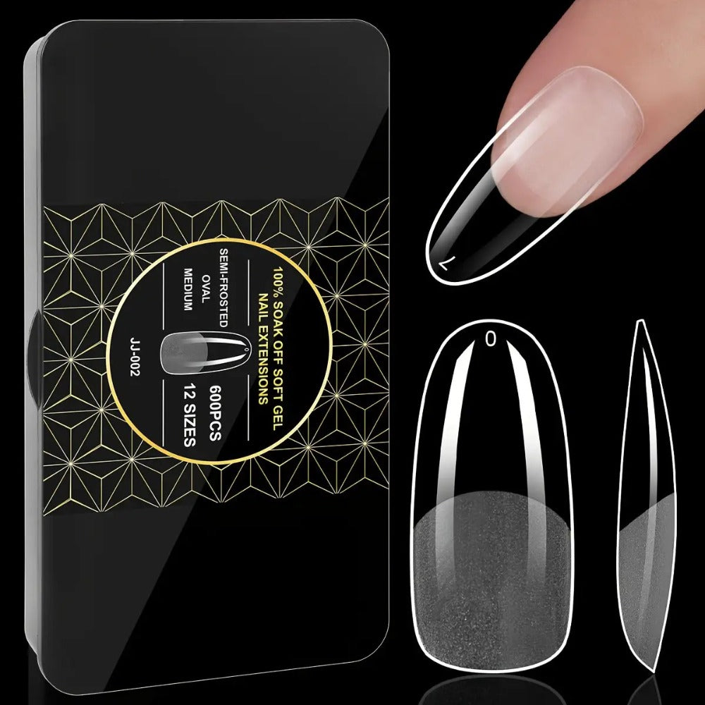 Soft Gel Nail Tips 600 Pieces - Clear Crystal Full Cover False Nails for Extensions | Almond Oval Square Coffin Stiletto Short Medium Long, Semi-Gloss Transparent Nail Tips for Nail Art Salon & DIY