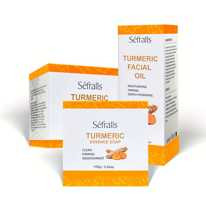 Turmeric Face Cream Set 3Pcs - Facial Cream Soap Essential Oil Skincare Kit Deep Pore Cleansing Moisturizing Oil Control Rich in Turmeric Extract Travel Gift Set