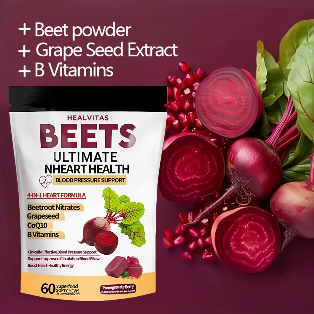 Dietary Supplement in The Form of Beetroot Chewing Tablets - Abundant in Natural Nitrates. A Formula Designed to Support The Circulatory System. Encourages The Production of Nitric Oxide. Contains Concentrated Beetroot Extract. Aids in Sustaining a