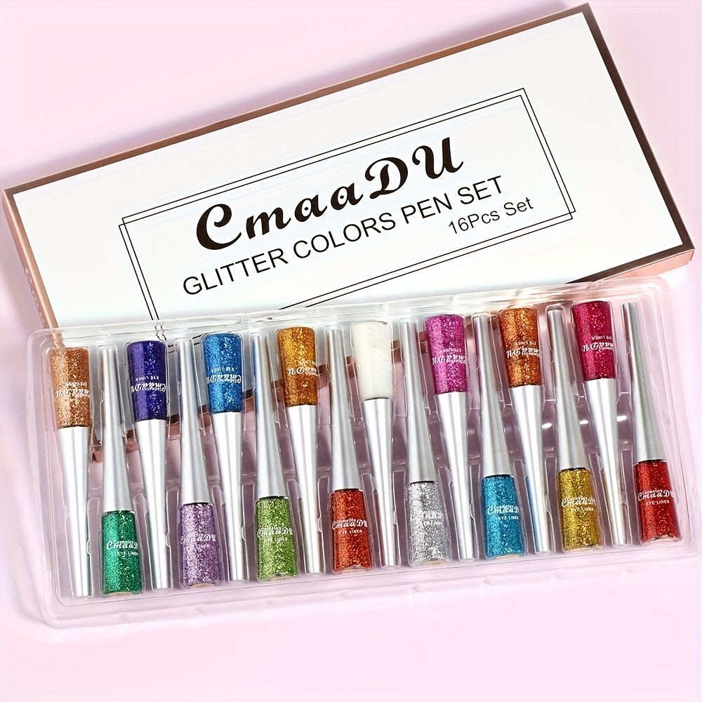 Glitter Liquid Eyeliner Set 16 Colors Sparkling Eye Liner Kit Waterproof Long Lasting Party Stage Festival Makeup Beauty Tool