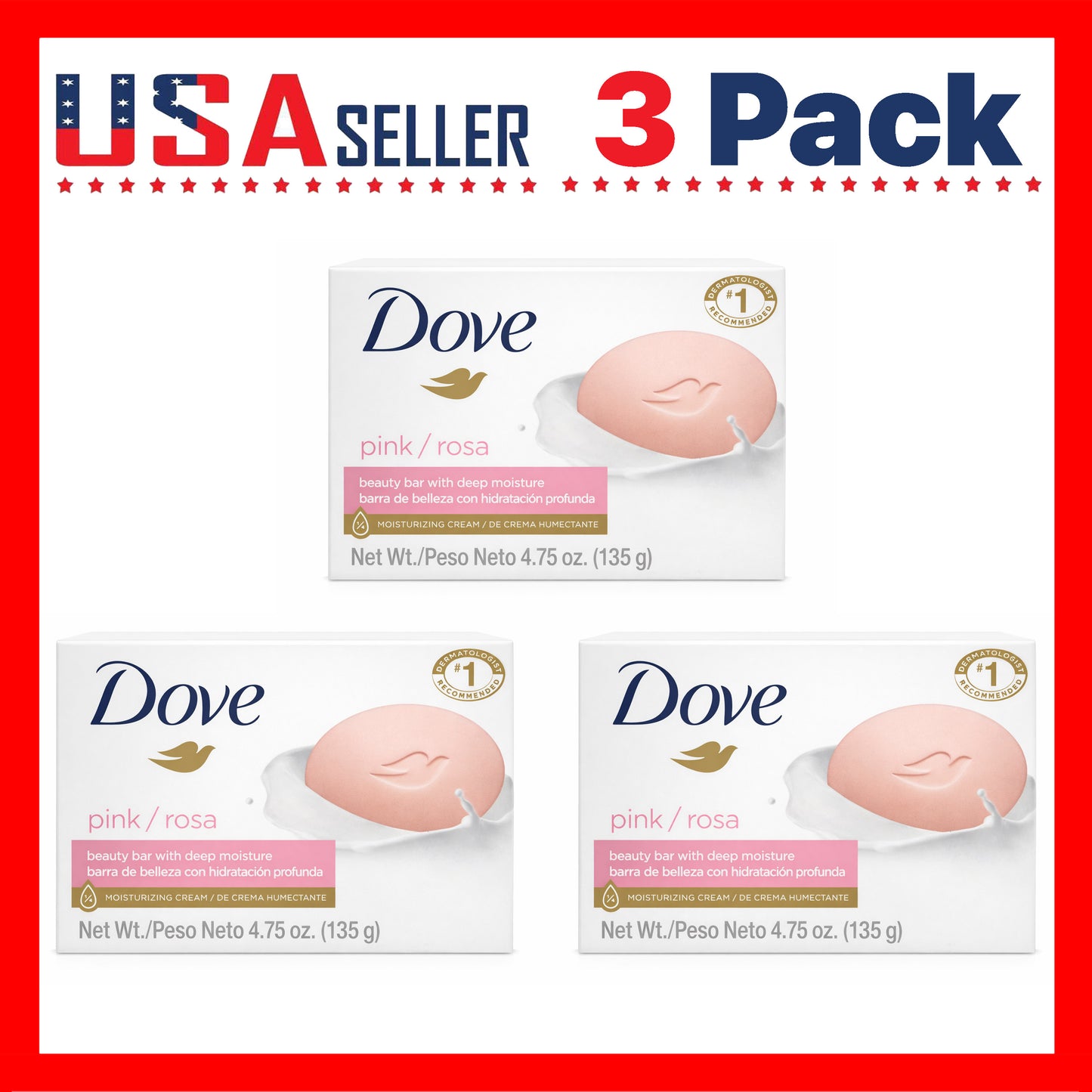 Pink Rosa Moisturizing Beauty Bar Soap 3-Pack 135g Each — 3-in-1 Face Body Hand Cleanser, Deep Hydration Creamy Lather, Gentle Daily Wash for All Skin Types Women & Family